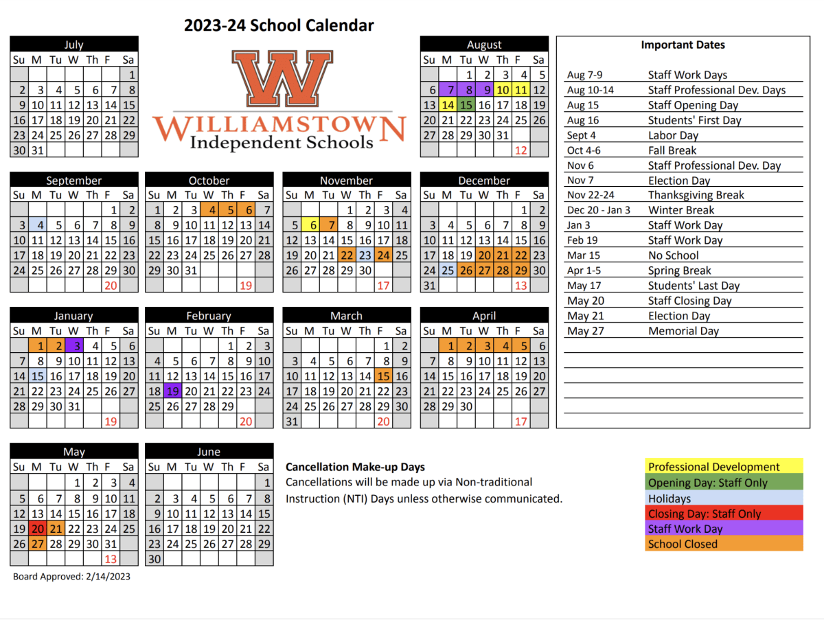 Williamstown Independent Schools Calendar 2024 and 2025