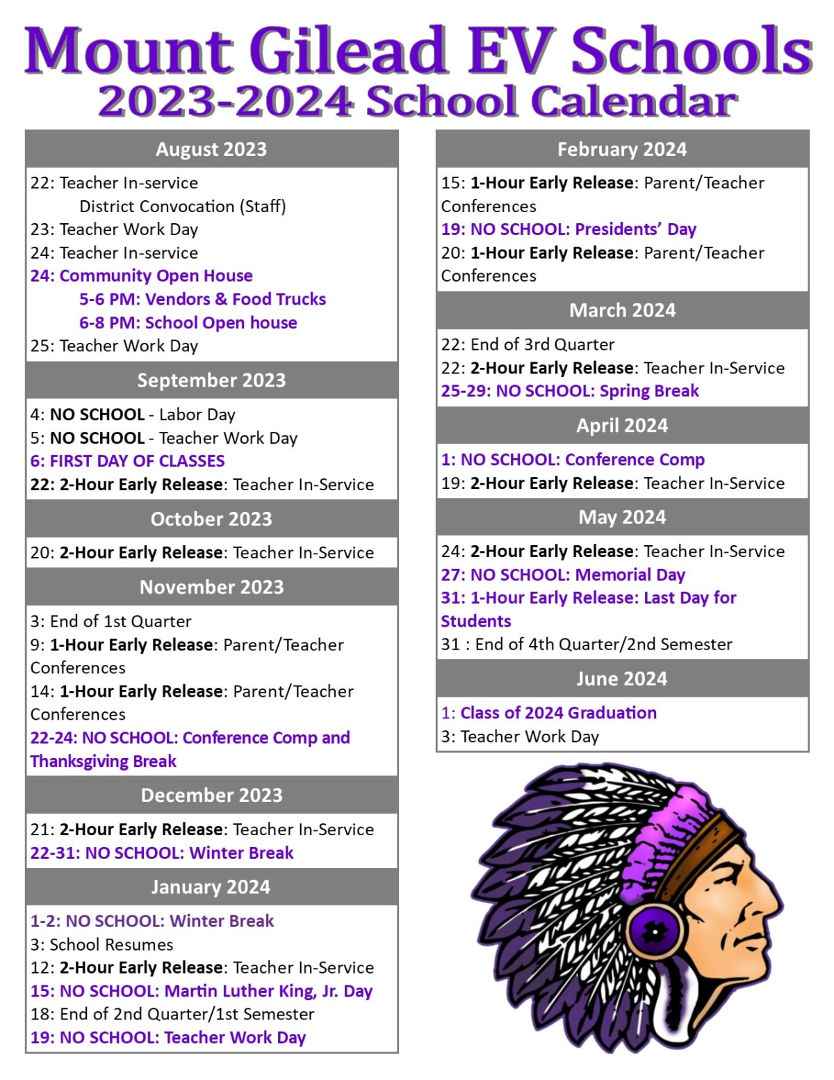 Mount Gilead Exempted Village School District Calendar 2024