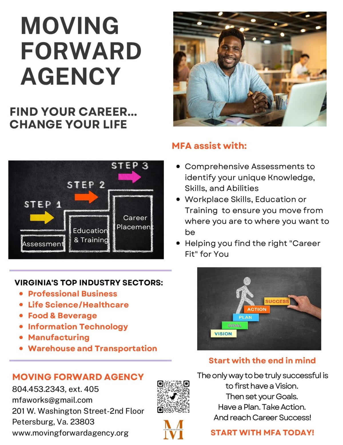 Flyer for Moving Forward Agency (MFA), a workforce development organization that helps individuals identify career pathways through assessments, education and training, workplace skills development, and career placement. The flyer highlights career opportunities in Virginia's top industries, including business, healthcare, information technology, manufacturing, and transportation. Contact: 804-453-2343 ext. 405, mfaworks@gmail.com, 201 W. Washington Street, 2nd Floor, Petersburg, VA 23803, or visit movingforwardagency.org. A QR code is included for additional information.