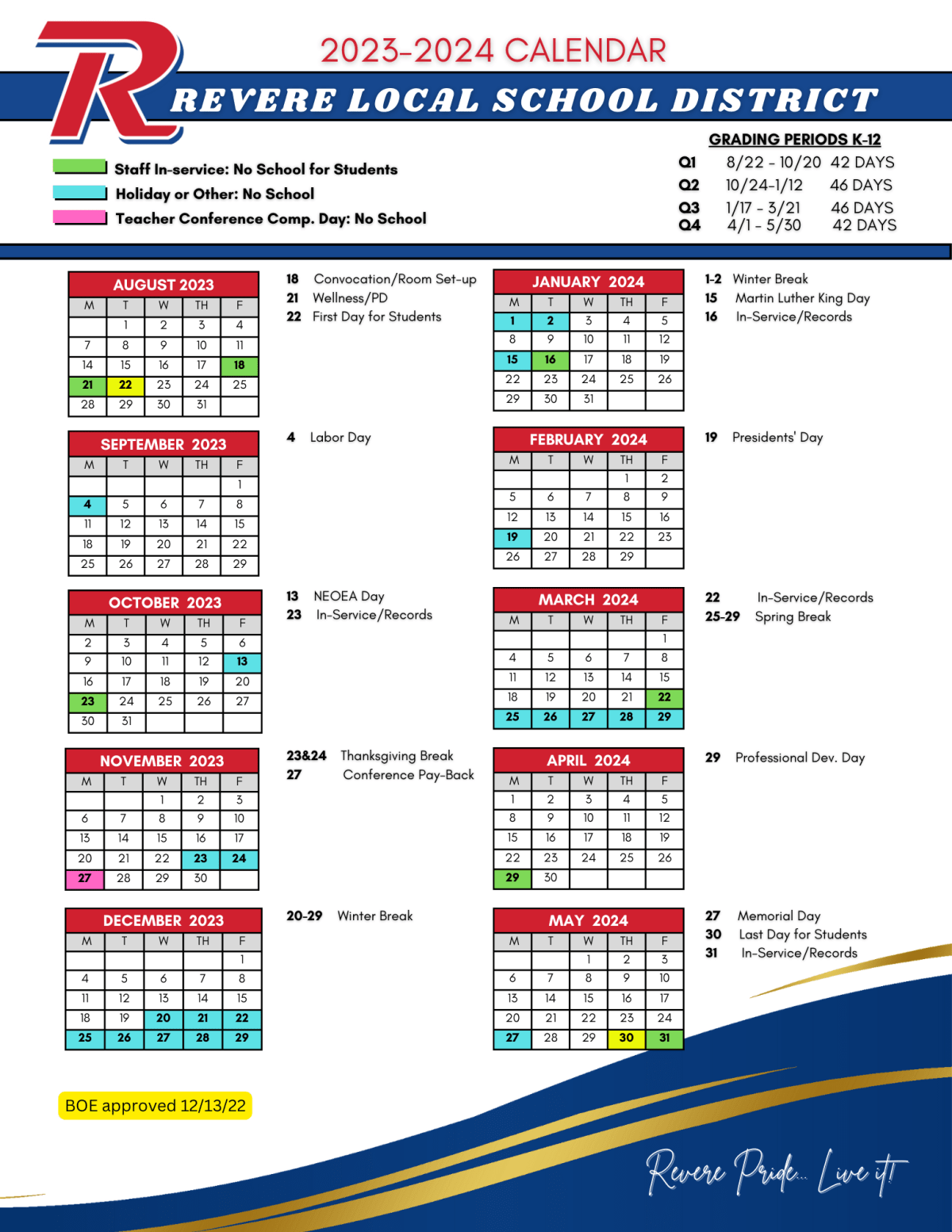 Revere Local School District Calendar 2024 and 2025