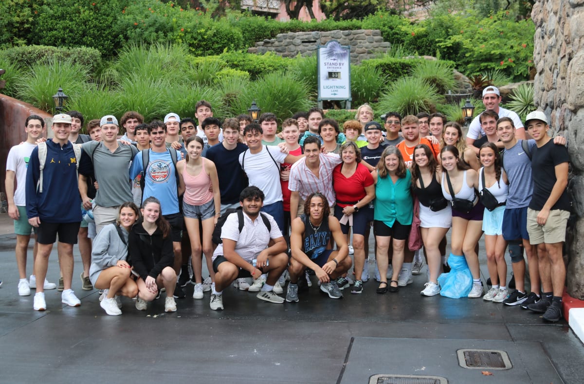 Austin Prep seniors and faculty members rode Tower of Terror during the Class of 2024 Disney trip.