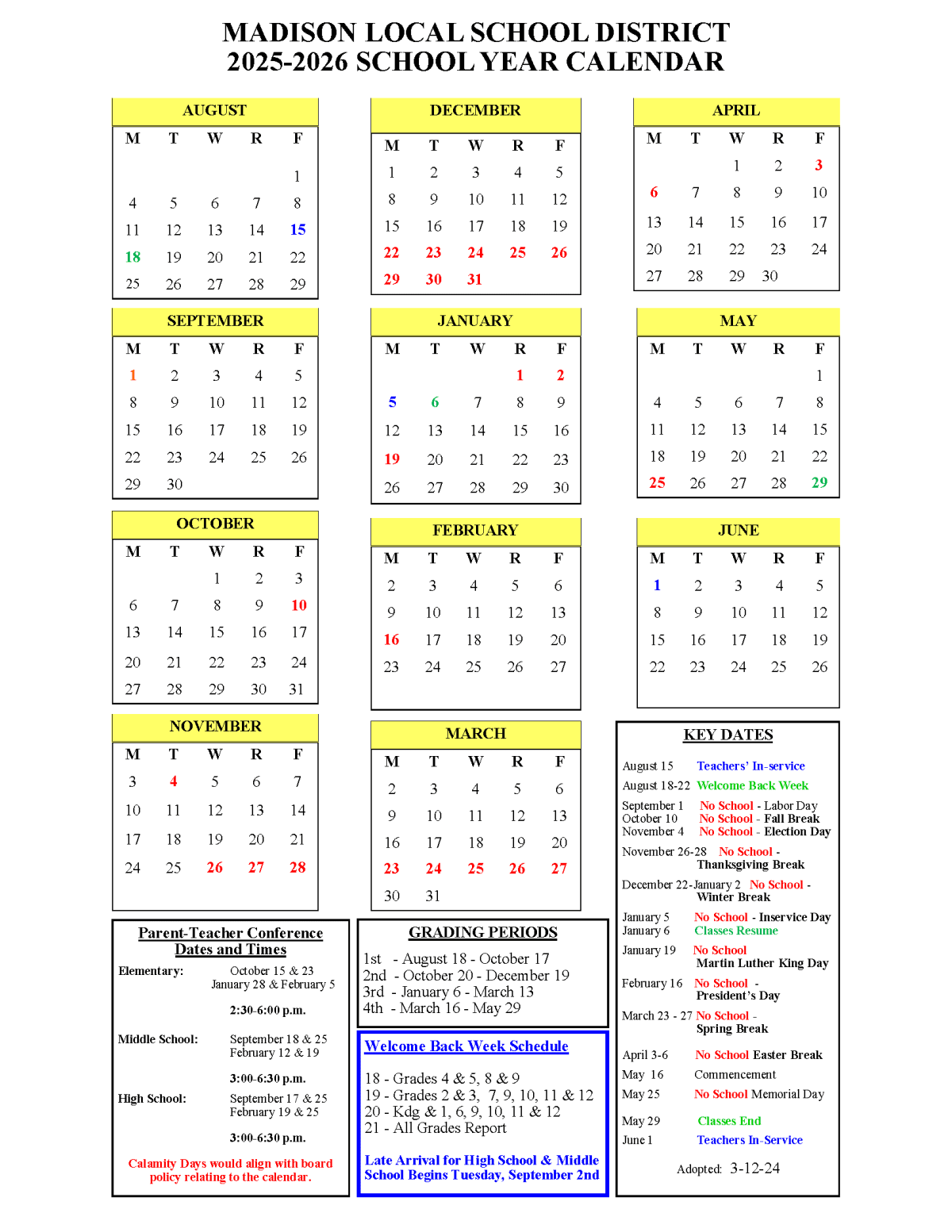 2025 26 School Calendar Madison Local Schools District