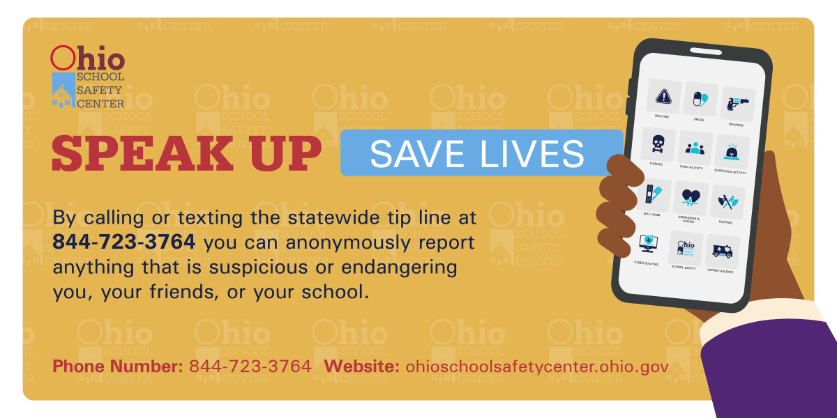 Promotional graphic from the Ohio School Safety Center featuring the slogan “Speak Up, Save Lives.” It encourages students to call or text the statewide tip line at 844-723-3764 to anonymously report suspicious or dangerous activities. The image shows a hand holding a smartphone displaying various icons related to bullying, drugs, weapons, threats, gang activity, suspicious activity, self-harm, depression & suicide, fighting, cyberbullying, school safety, and dating violence. 