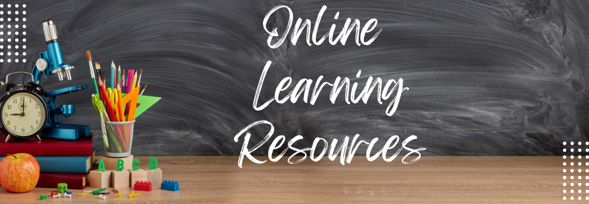 Photo of table with pens, pencil, magnifying glass in front chalkboard that says %22Online Learning Resources%22
