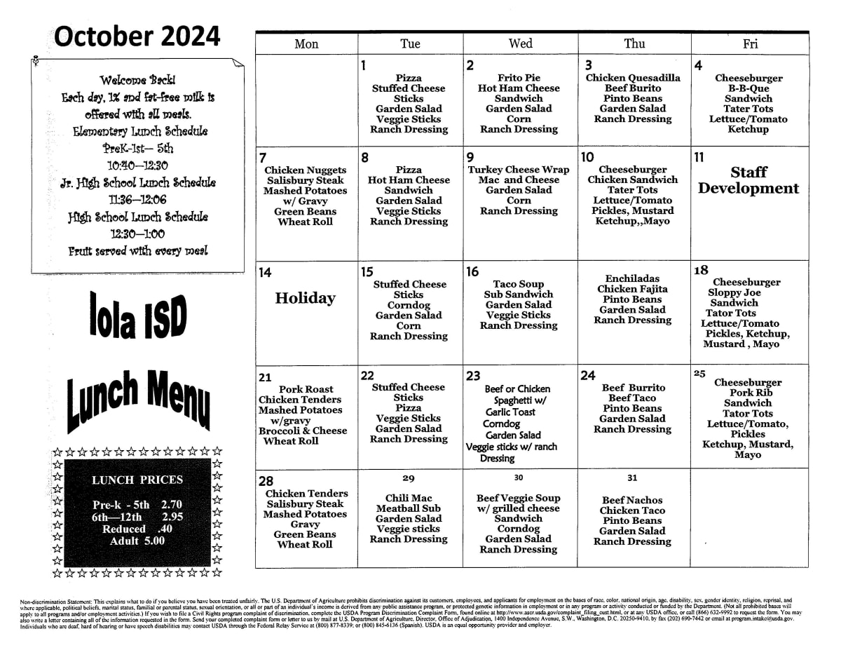 Menus Iola ISD