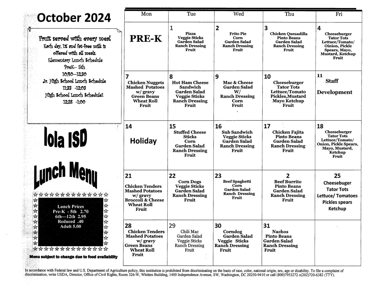 Menus Iola ISD