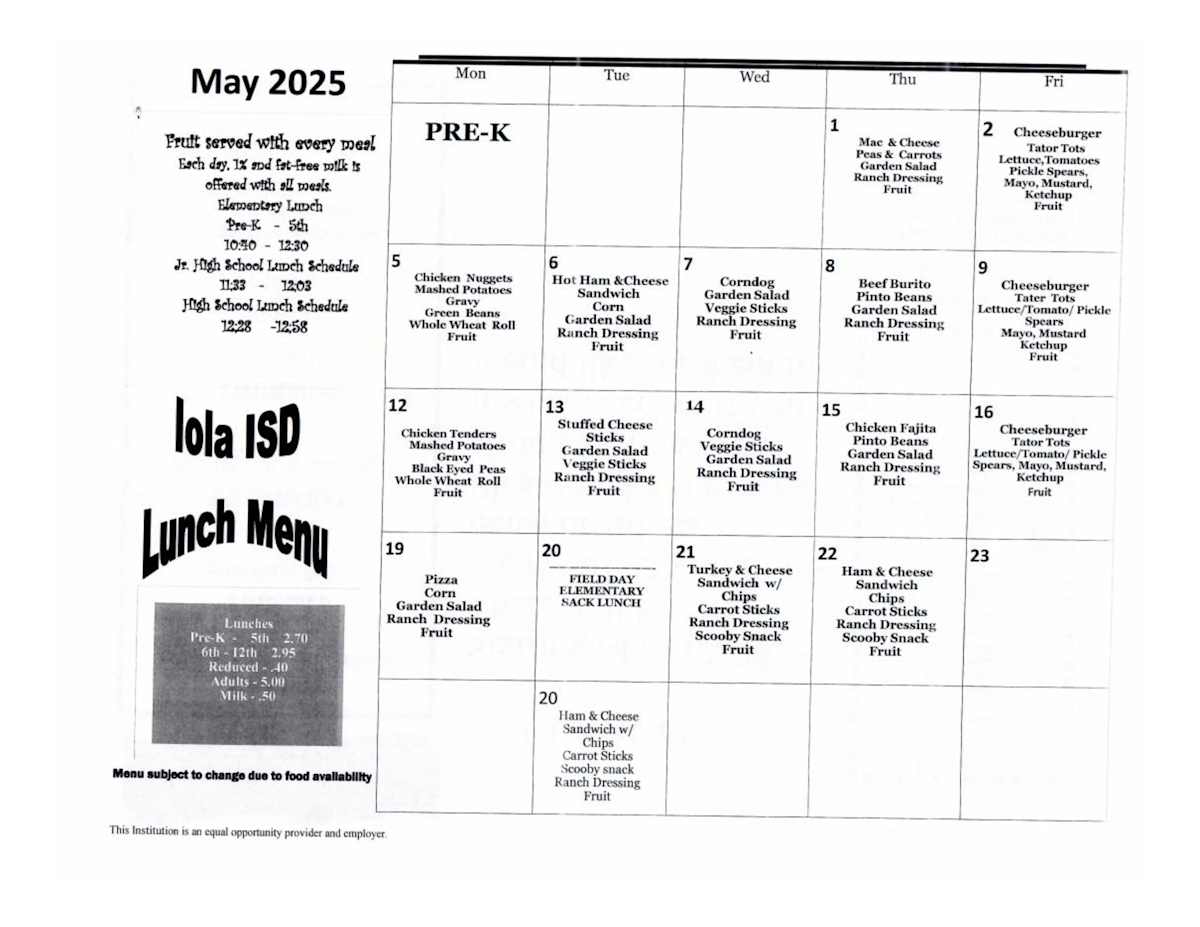 Menus Iola ISD