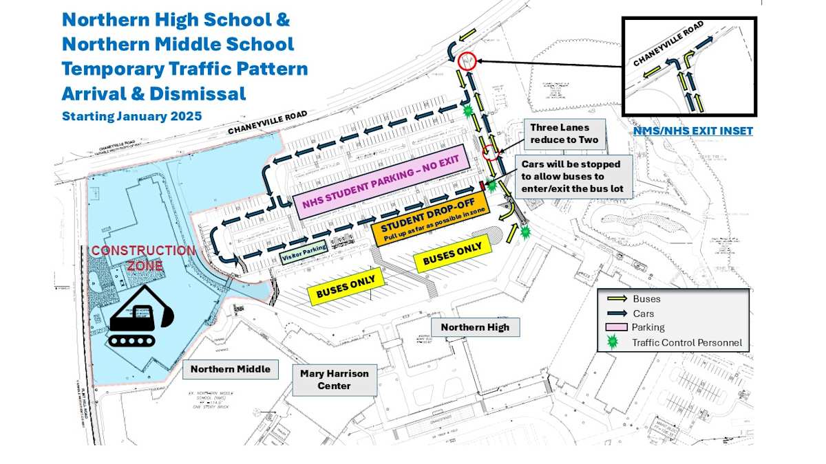 NMS/NHS temporary traffic pattern. If you should need assistance with this image, please call 443-550-9230.