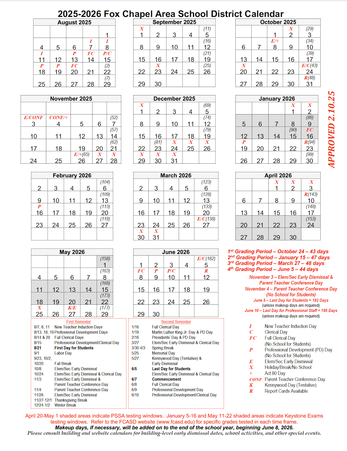 20252026 District Calendar Fox Chapel Area School District