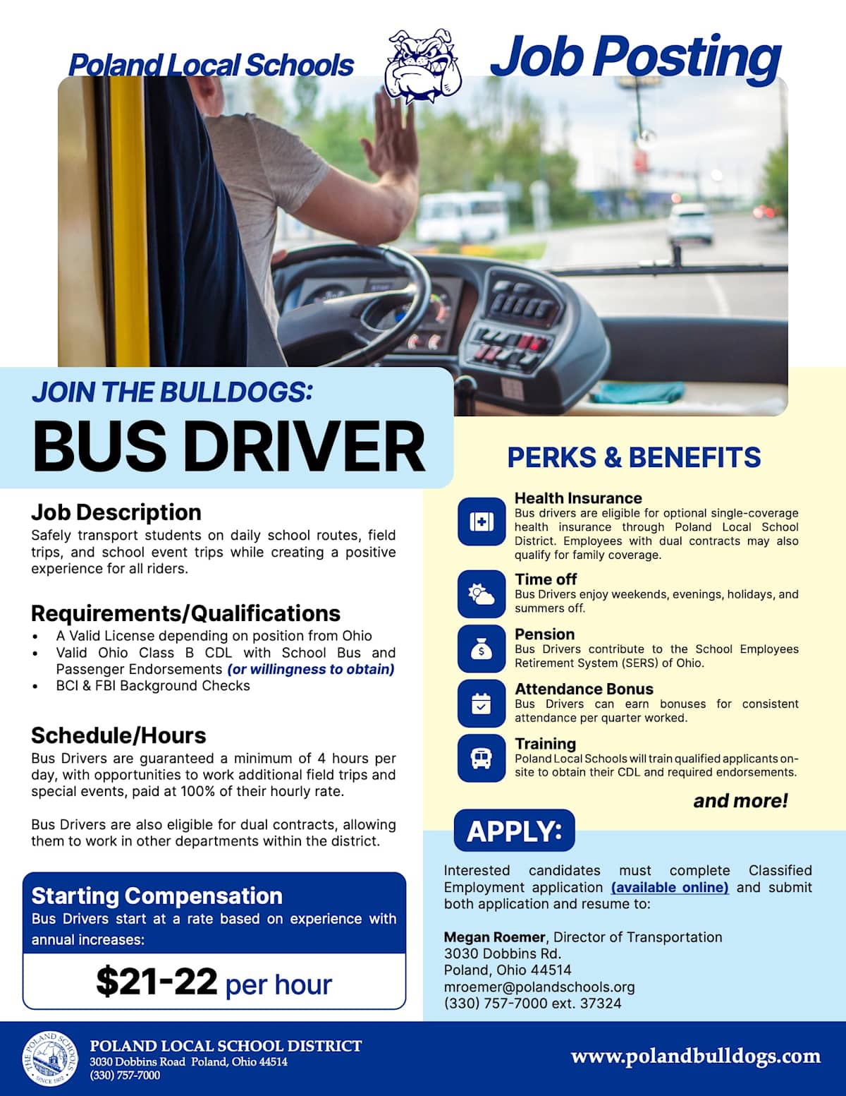 Poland Schools bus driver job posting flyer showing perks like health insurance, pension, $21–22 per hour pay, and contact details for Megan Roemer