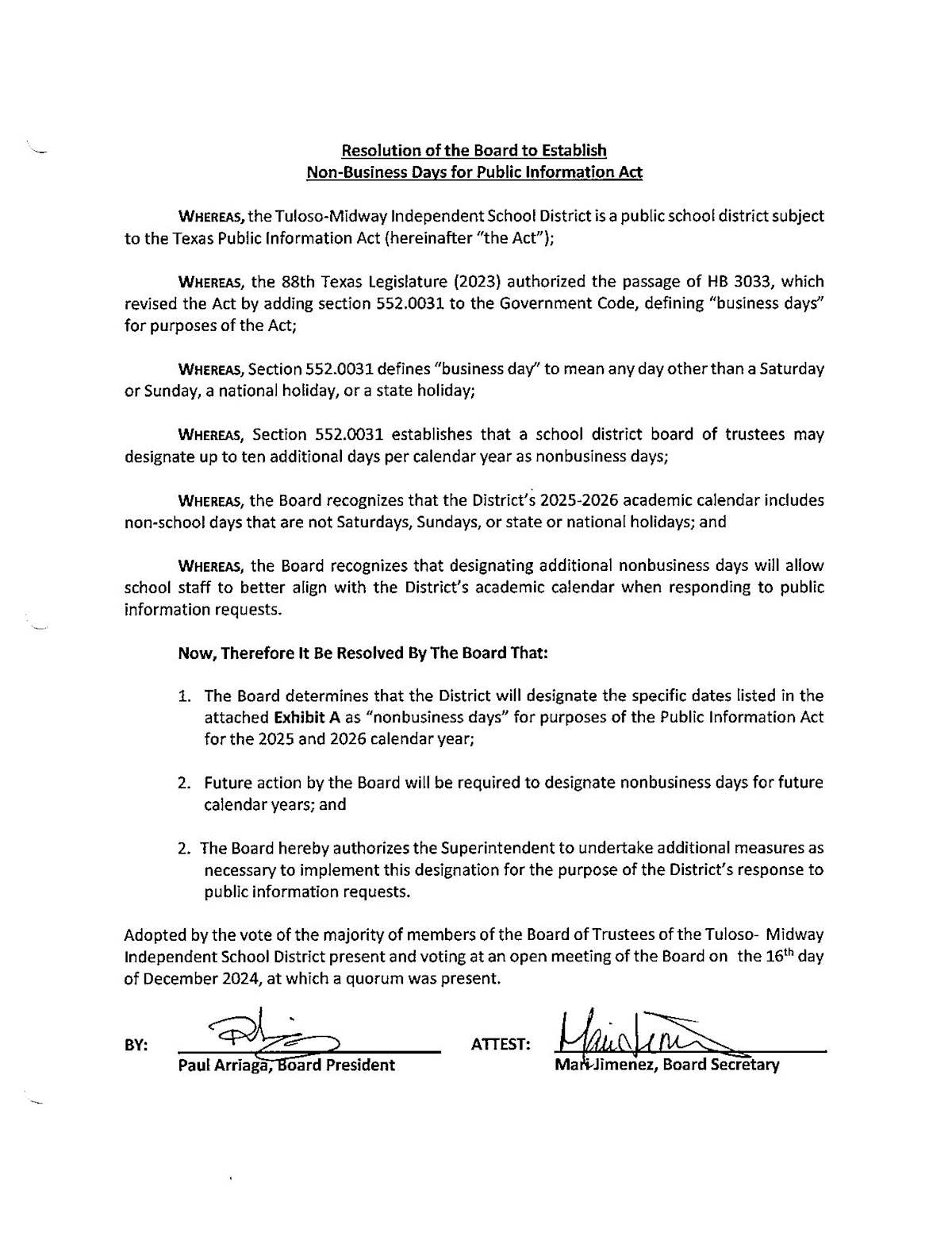 Resolution of the Board to establish non-business days for PIA