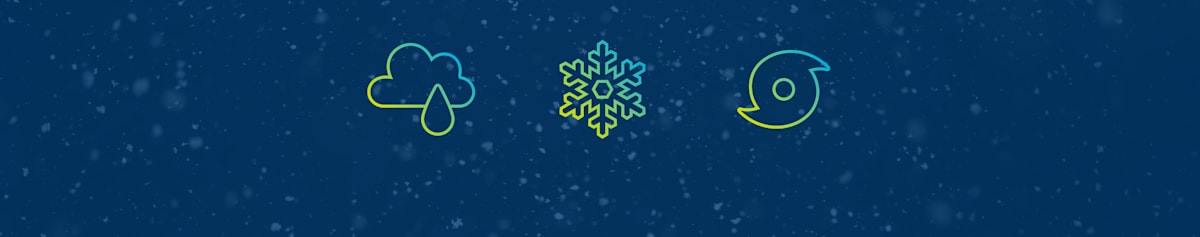 Cloud with a raindrop, snowflake, and hurricane icons with snowy background.