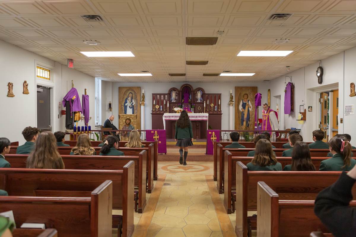 Students and staff at school Mass in the De La Salle College chapel.