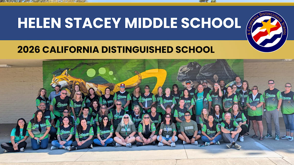 The Stacey Middle School staff wearing matching shirts posing for a photo in front of the school.