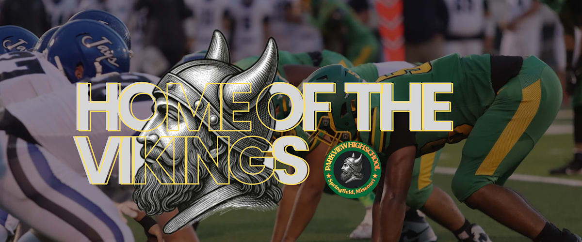 A Viking helmet and the words %22HOME OF THE VIKINGS%22 are superimposed over a football game in progress.