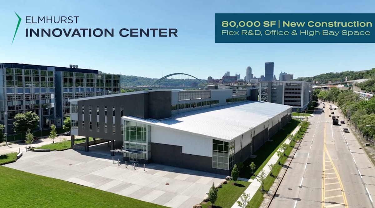 Aerial drone view of the proposed new campus building at the Elmhurst Innovation Center
