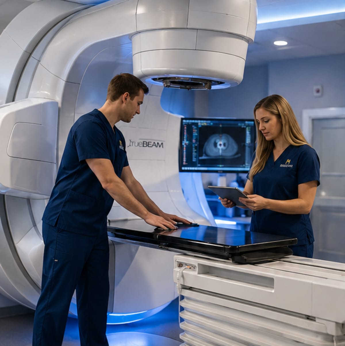 Radiation therapy treatment room in a hospital setting