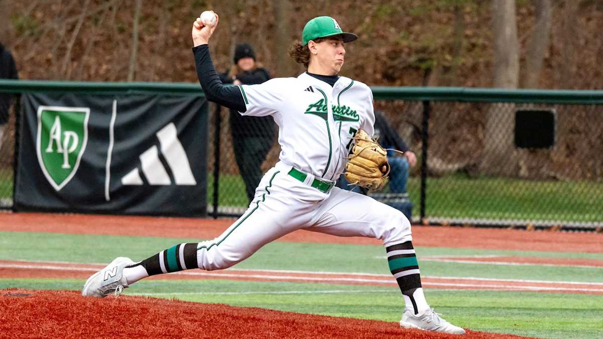 Austin Prep varsity baseball pitcher delivering a pitch during a game