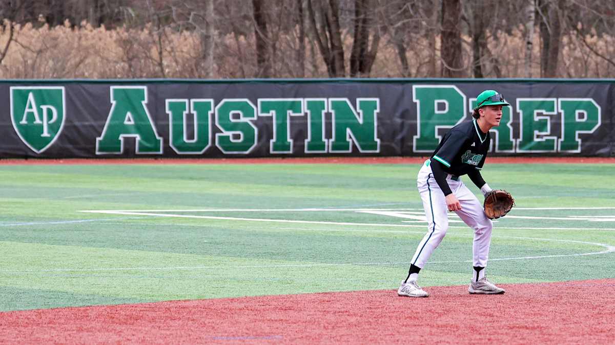 Austin Prep baseball player on Regis Paul Little Memorial Field in Reading, Massachusetts