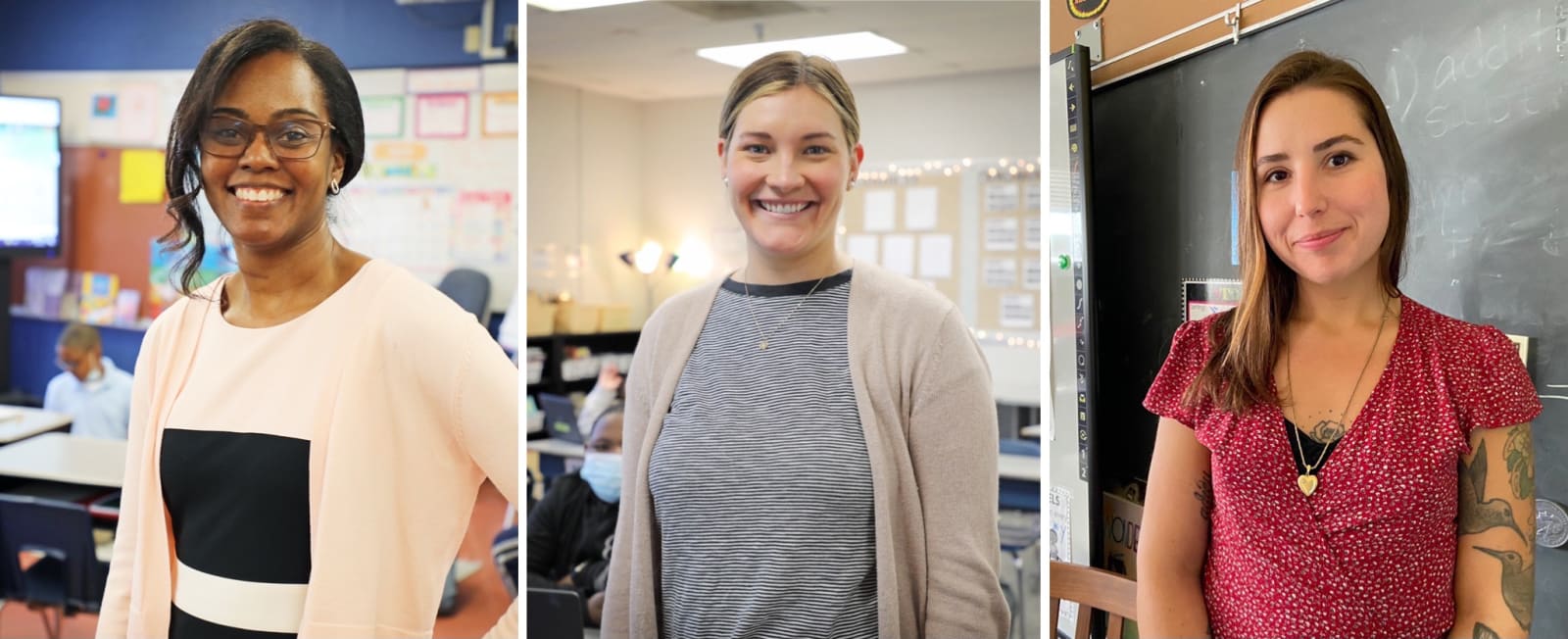 a three-panel showing teachers in their classrooms. they are all smiling.