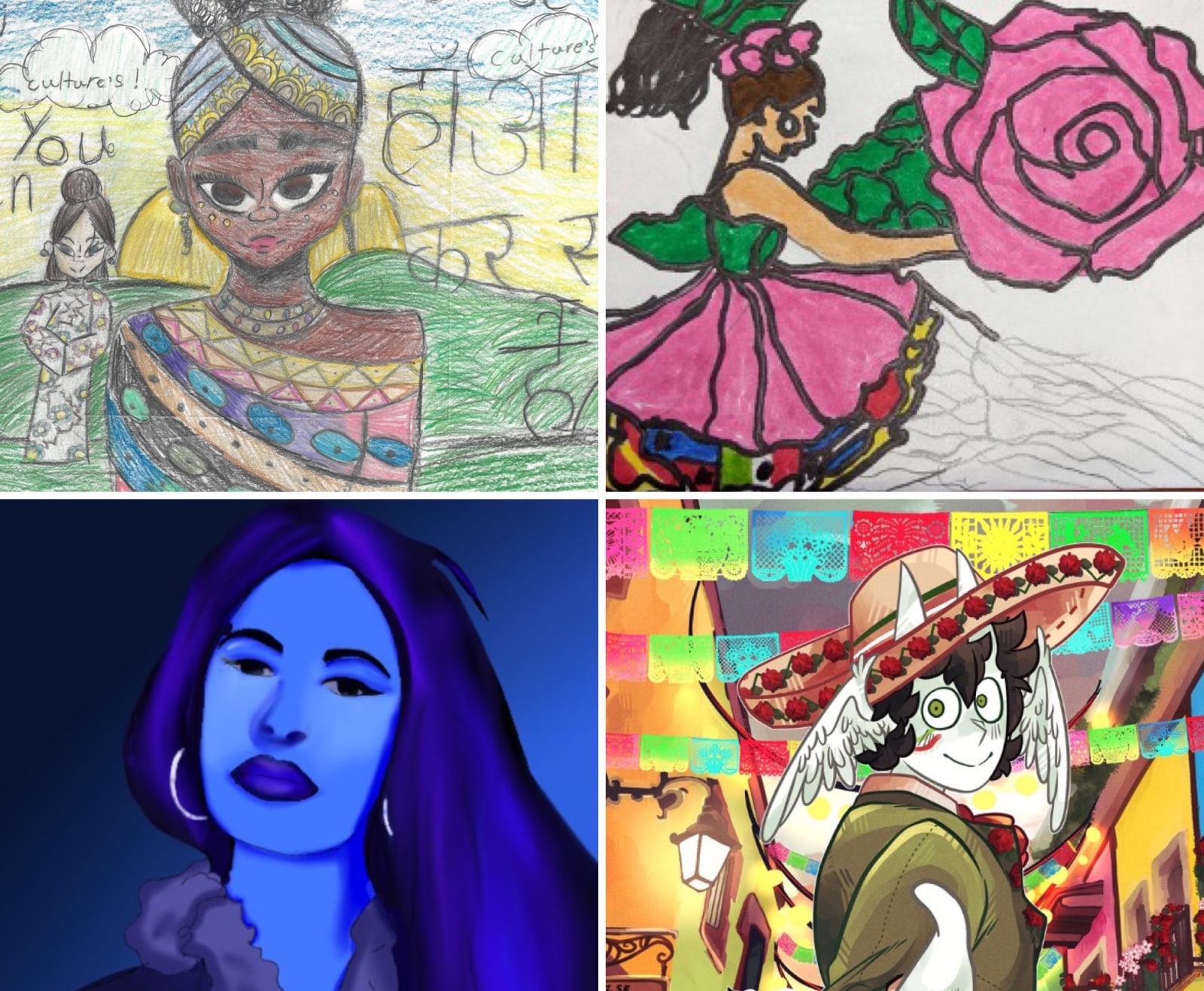 A four-panel of student artwork depicting Hispanic Heritage Month themes.