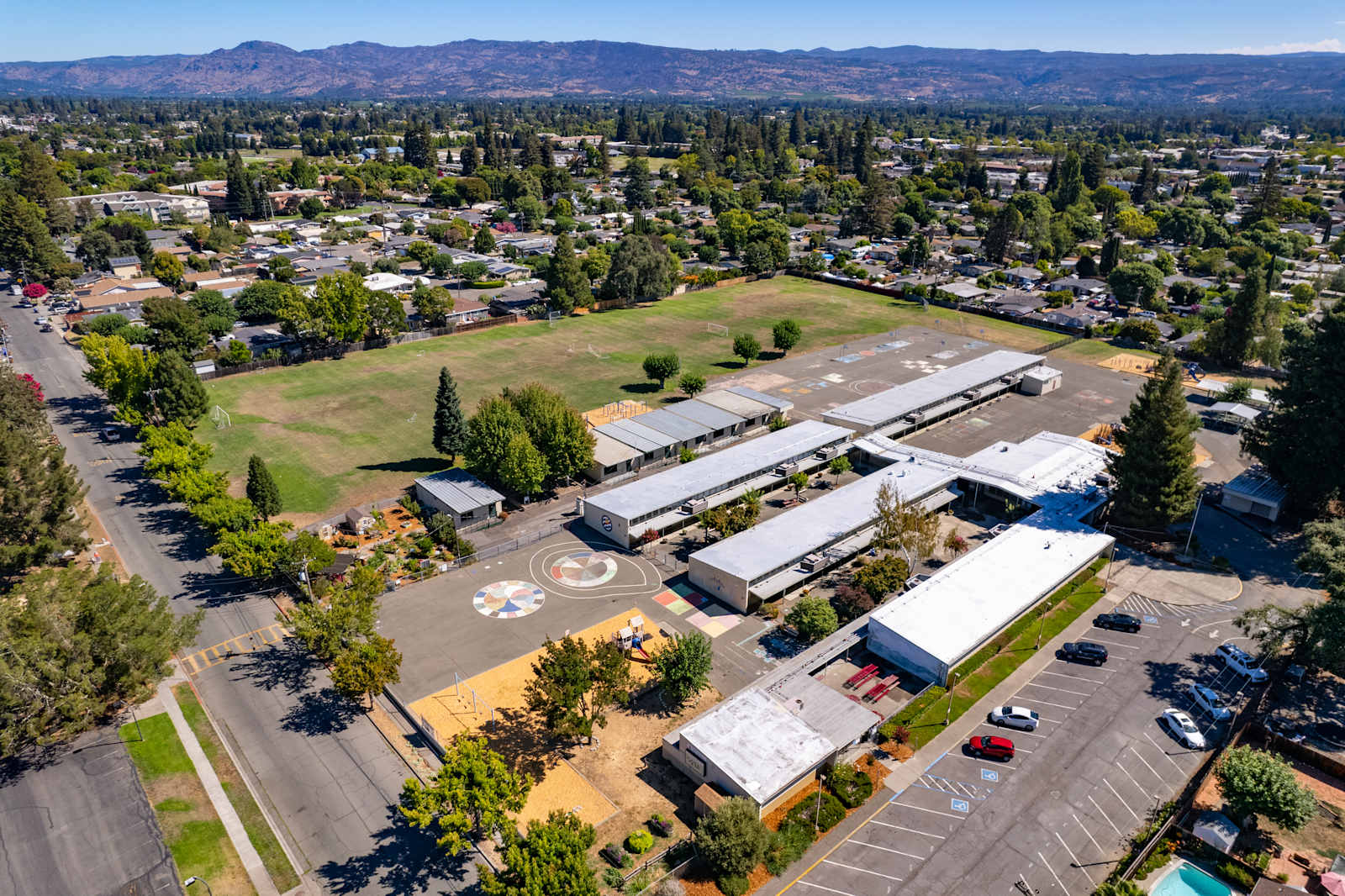 Aerial view of a school campus near North Bayshore, Mountain View