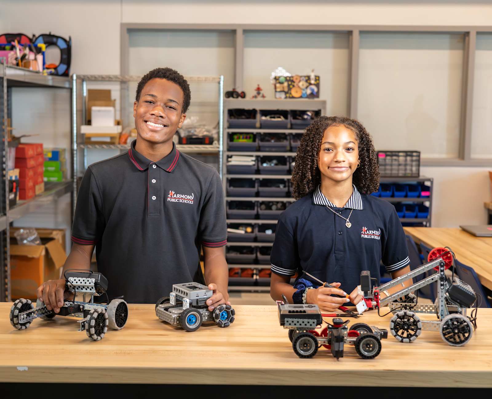 Harmony students building and programming robots together