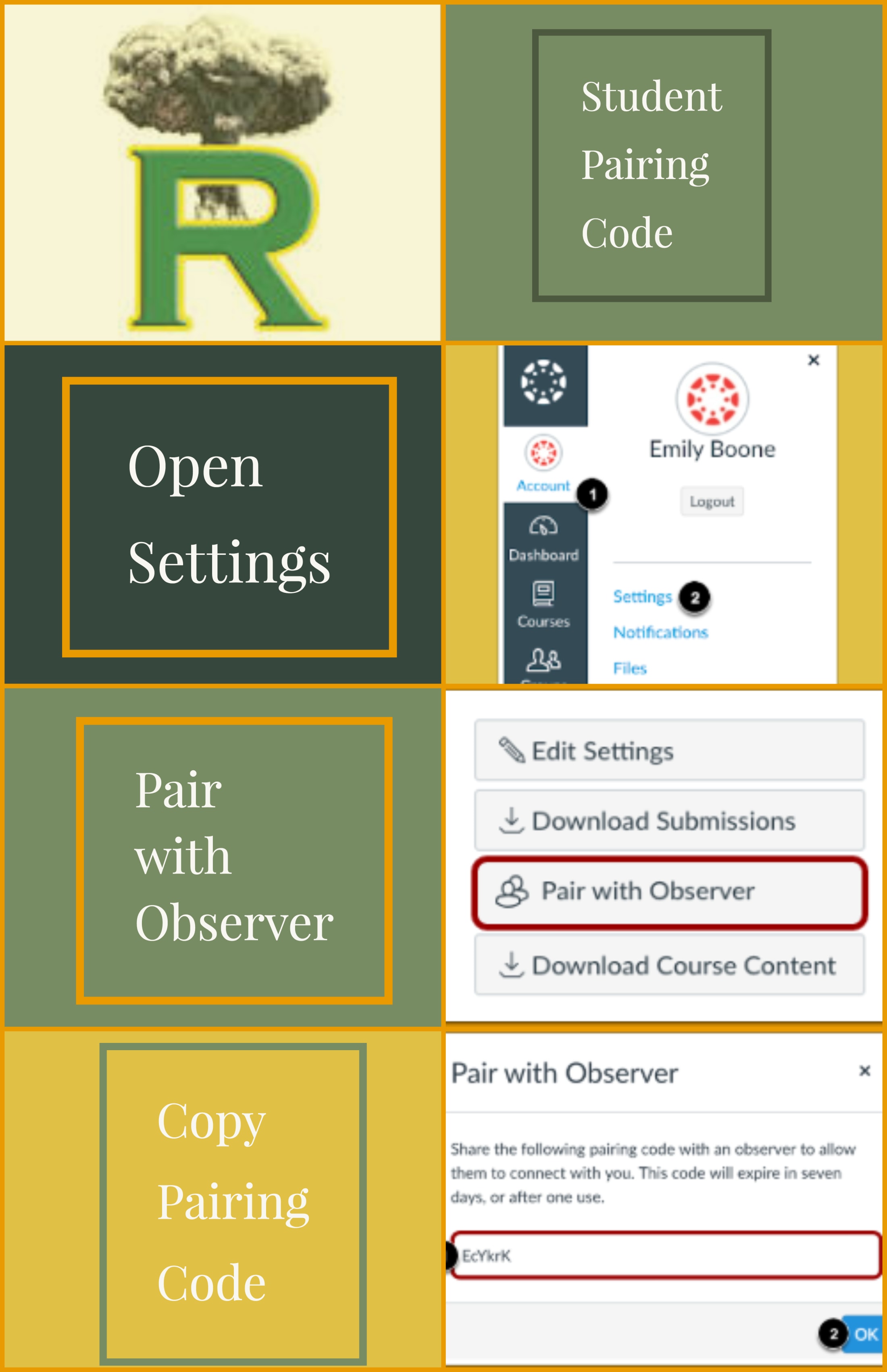 The image displays various settings and options related to a student pairing guide, including "Open Settings", "Pair with Observer", and a "Copy Pairing Code" section. The background features a green and yellow logo, suggesting an educational or academic context.