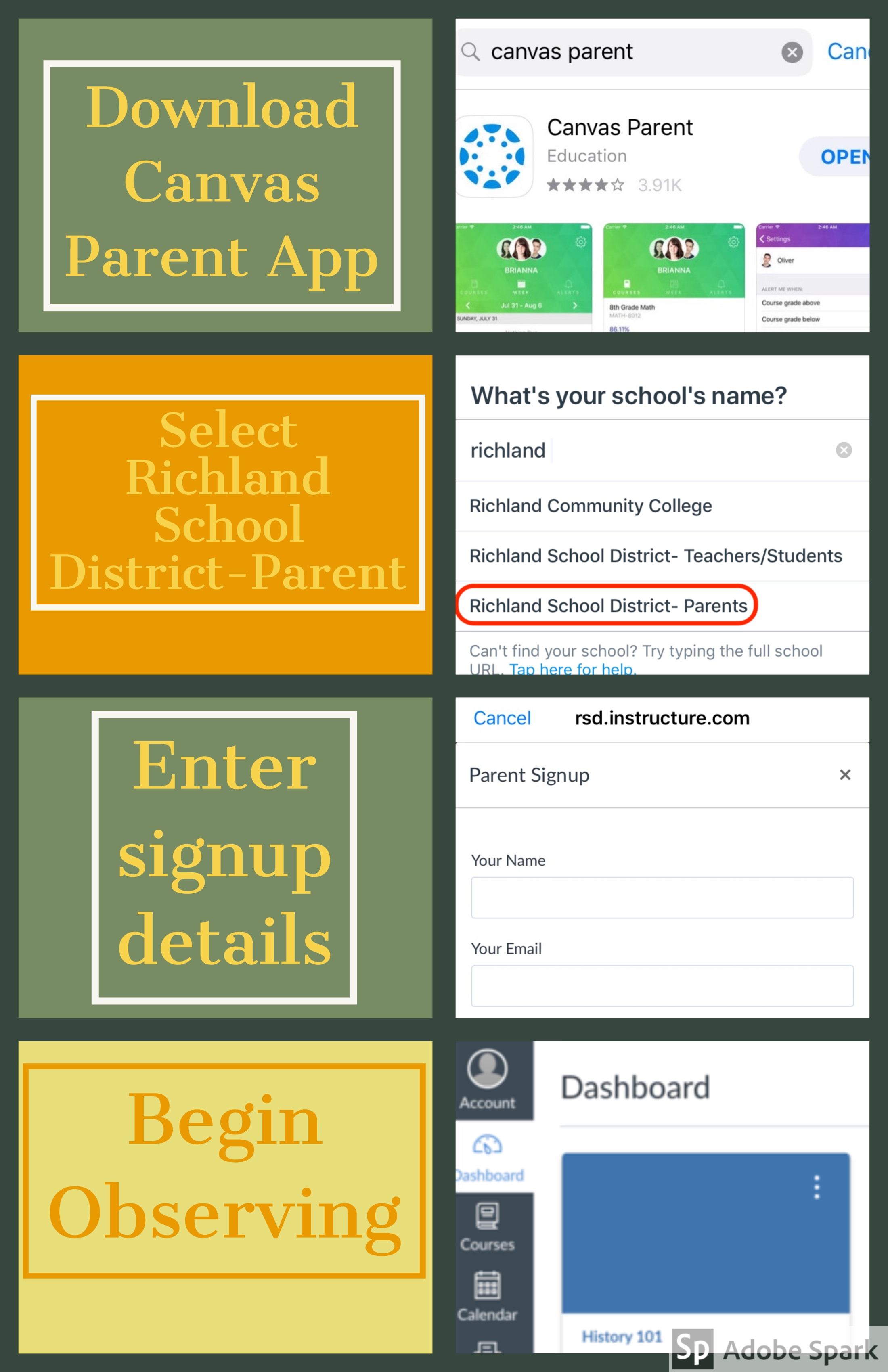 The image displays various screens and interfaces related to a school's Canvas Parent App, including options to download the app, select a school district, enter signup details, and begin observing the dashboard.