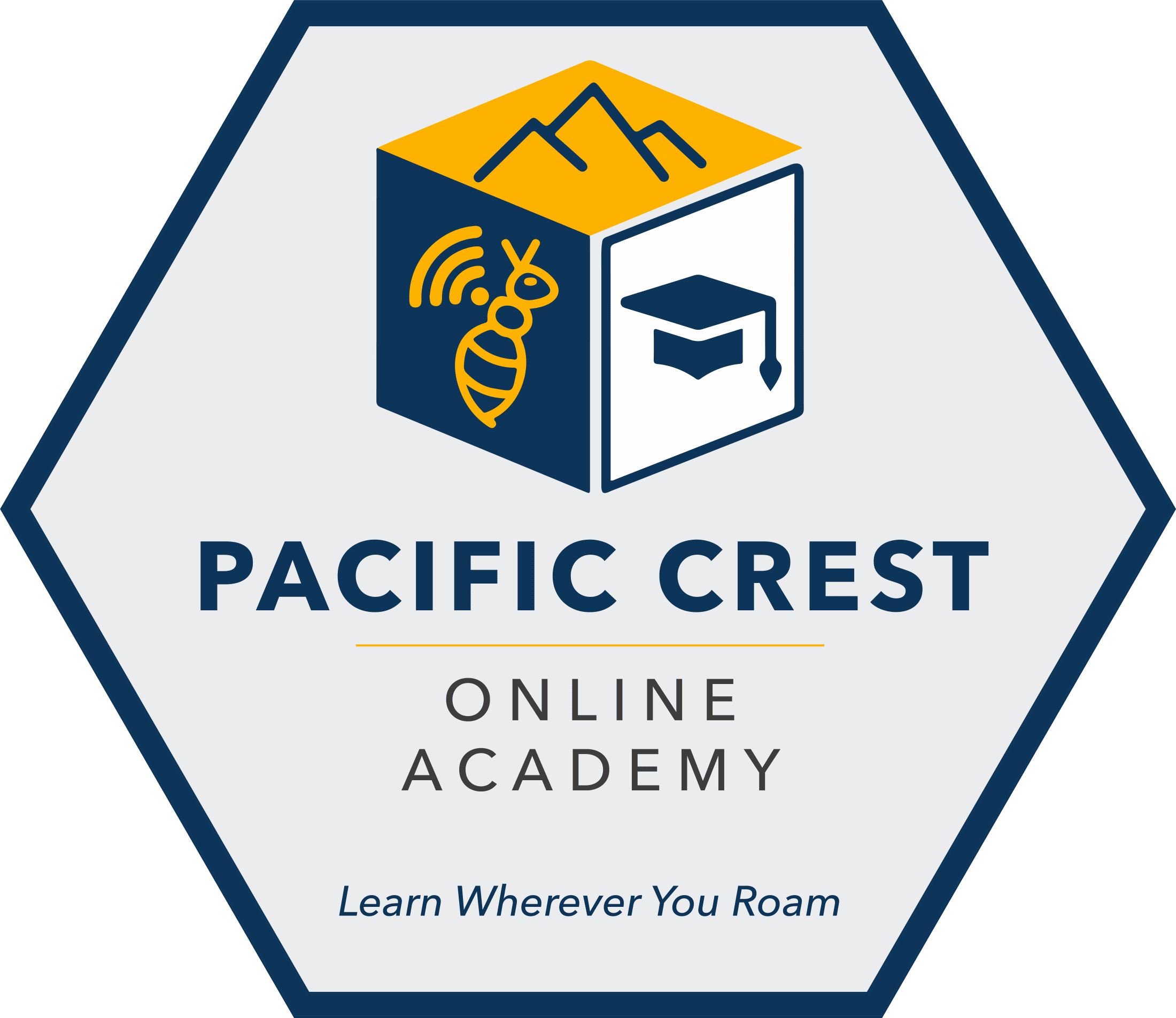 The image depicts a hexagonal logo for the %22Pacific Crest Online Academy%22, featuring a mountain icon, a graduation cap, and a wireless signal symbol, all in a navy blue, yellow, and white color scheme.