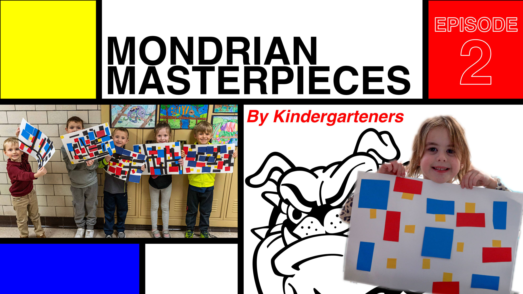 Mondrian Art Background, Students holding projects, Text Reads ...