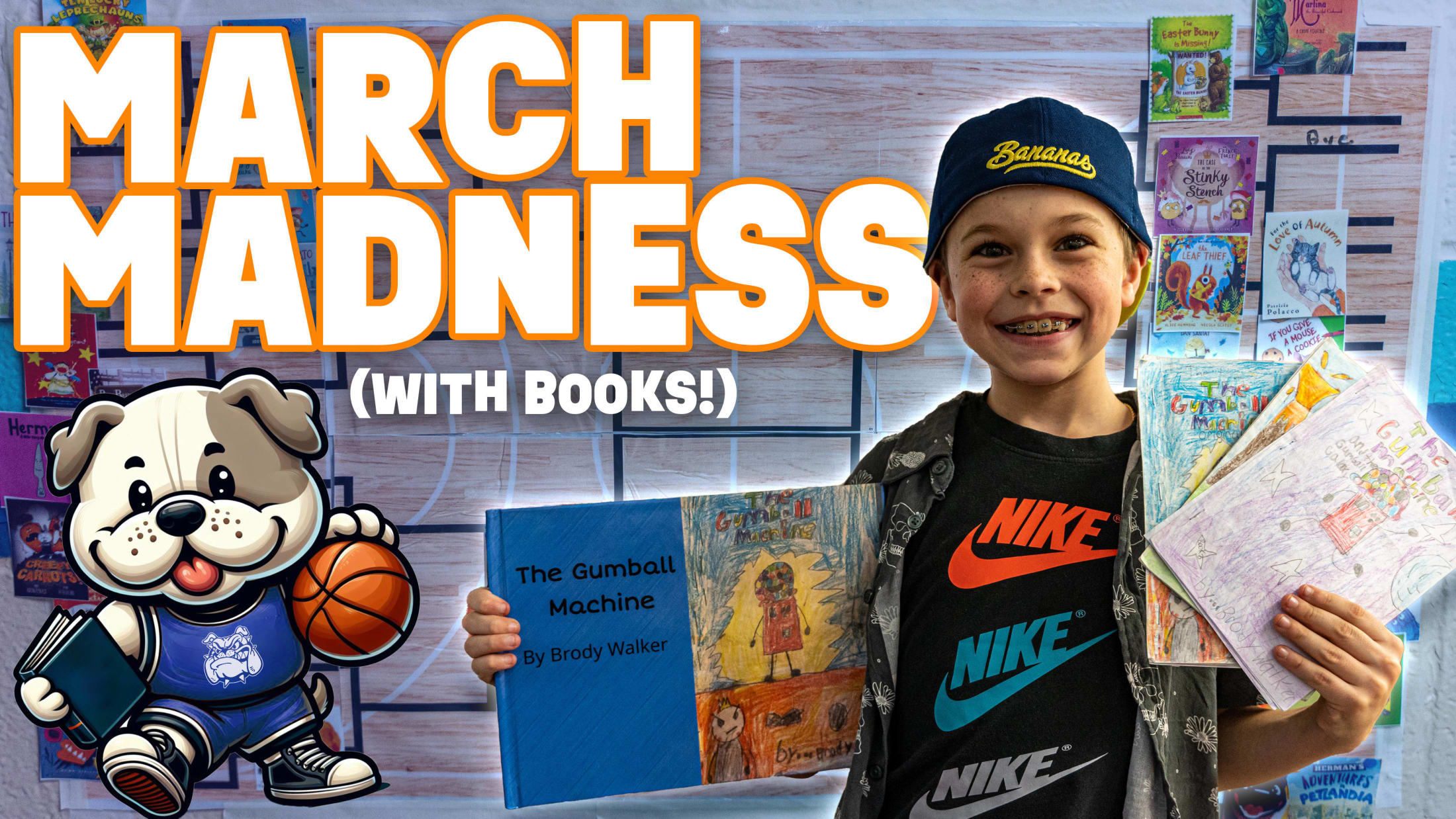 Student holding books, bulldog cartoon holding basketball and book, Text Reads: March Madness with books