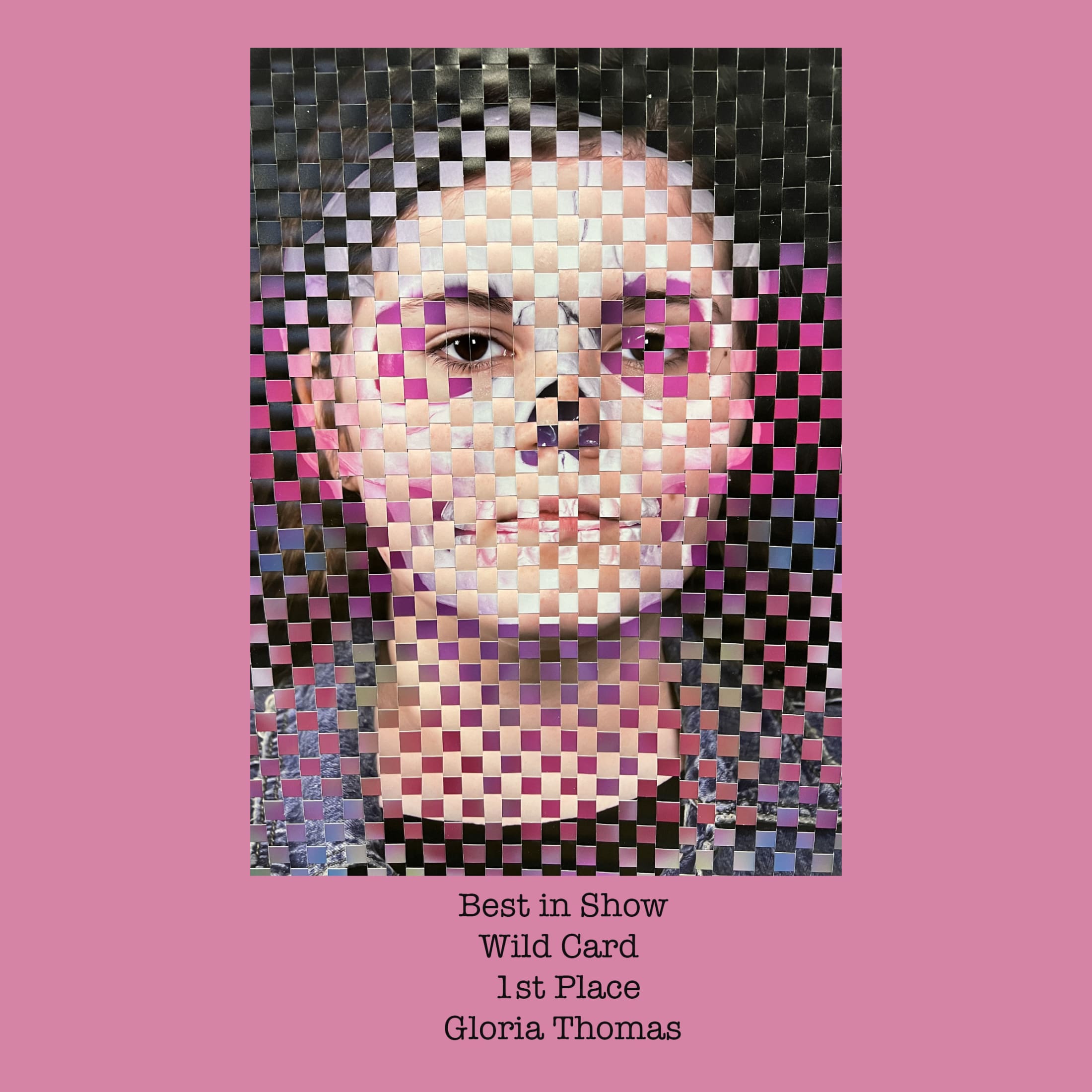 A pixelated portrait of a person's face, with vibrant colors and a mosaic-like pattern, set against a pink background. The text below the image provides information about the artwork, including the title "Best in Show" and the artist's name, Gloria Thomas.