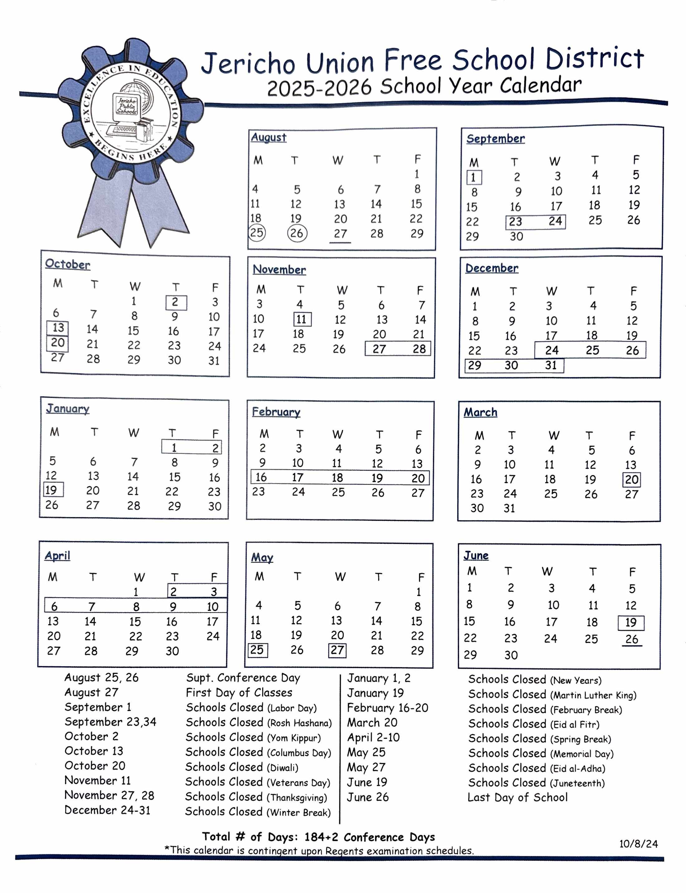 Jericho Union Free School District Calendar 2025 2026 in PDF