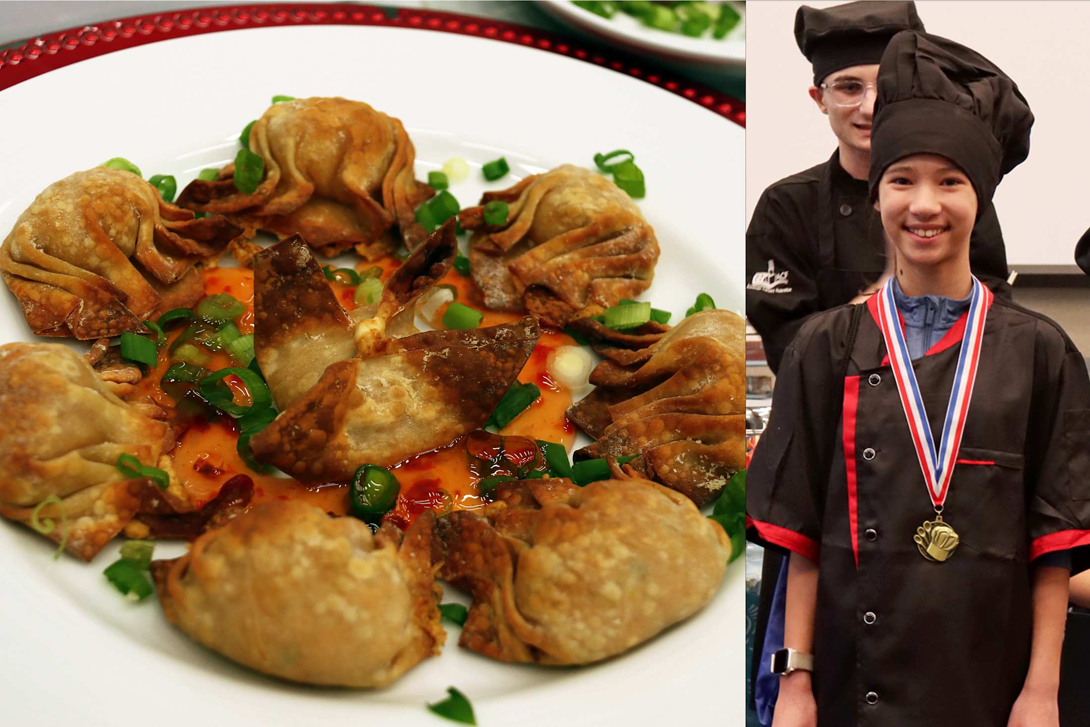 Future Chefs 2026 winner stands with her winning plate of taco rangoon