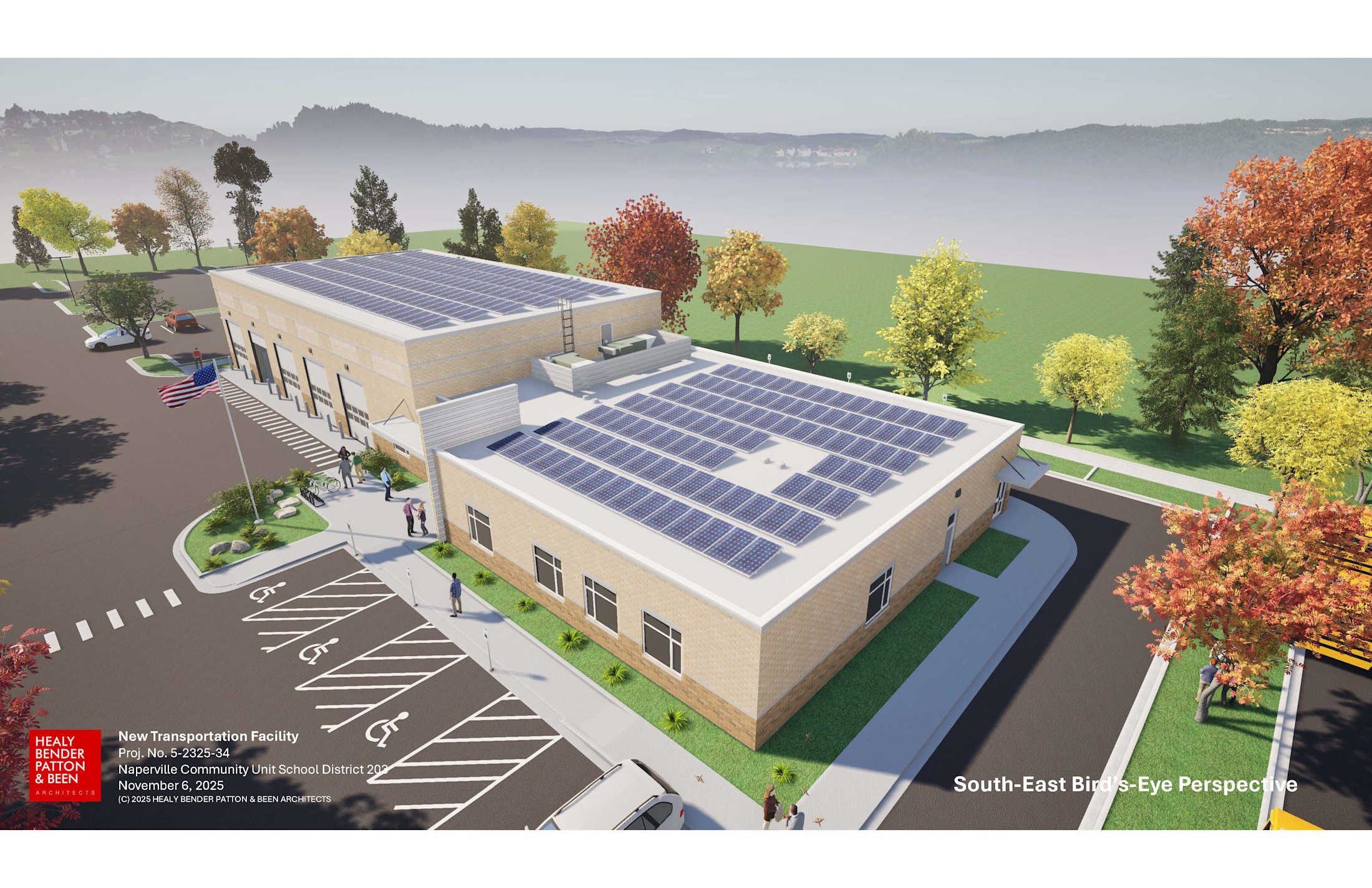 Architectural rendering of the southwest view of the new Transportation Facility showing four large mechanic bay garage doors