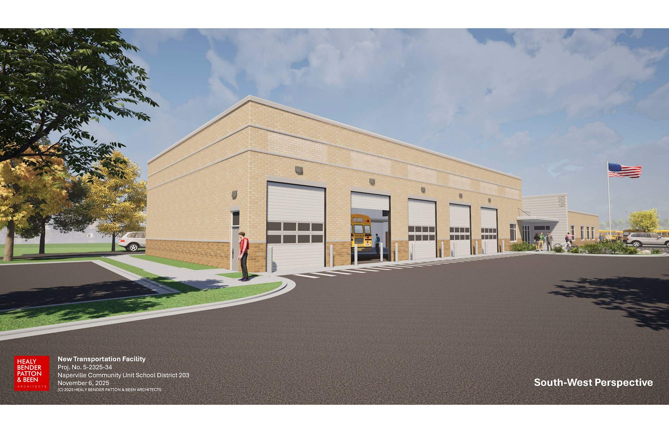 Architectural rendering of the new Transportation Facility main entry, showing brick exterior, canopy entrance, flagpole, and school buses in parking lot