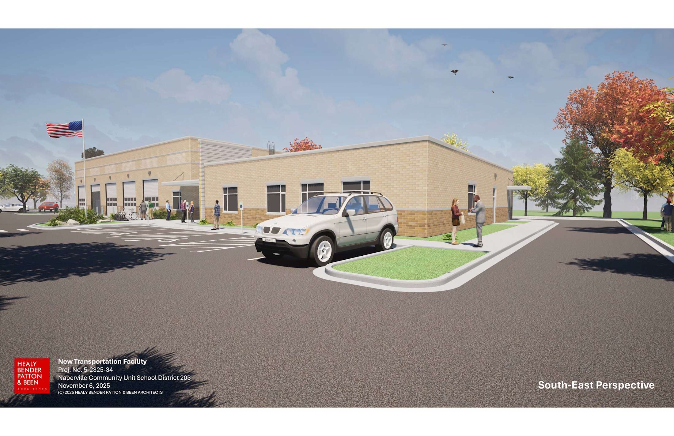 Architectural rendering of the southeast view of the new Transportation Facility showing the parking lot and building exterior