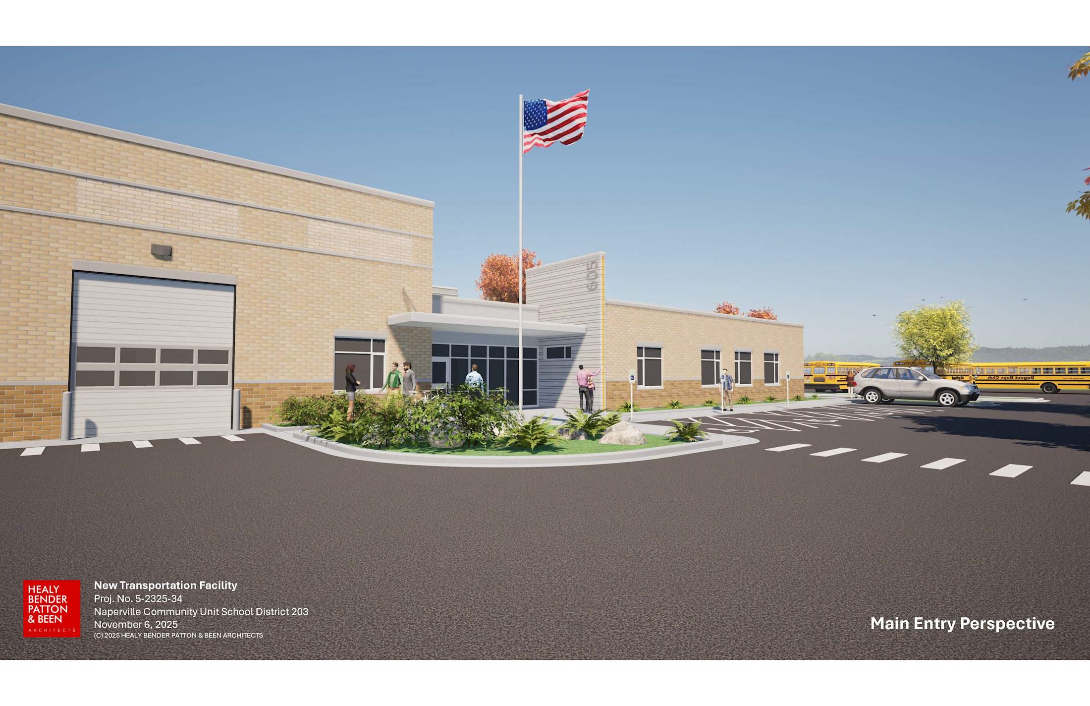 Bird's-eye architectural rendering of the new Transportation Facility rooftop covered with solar panels