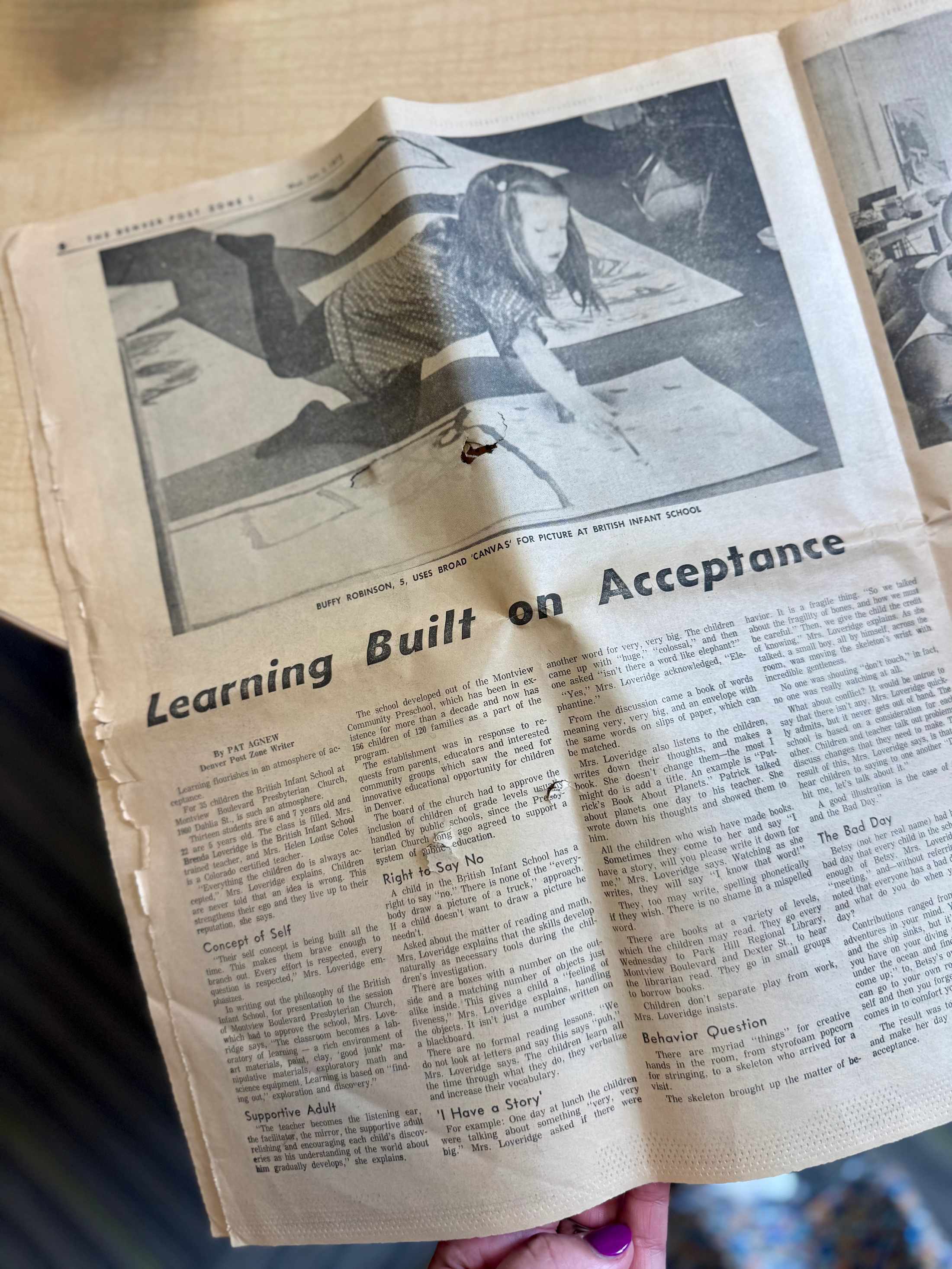 January 3, 1973 Denver Post article titled Learning Flourishes in Acceptance about Stanley's first British Primary classroom