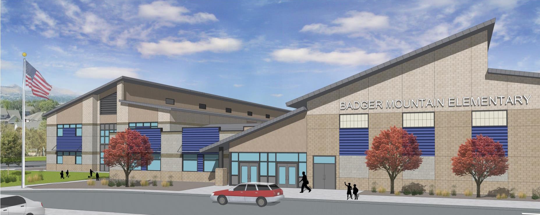 A rendering of the main entry of the new Badger Mountain Elementary