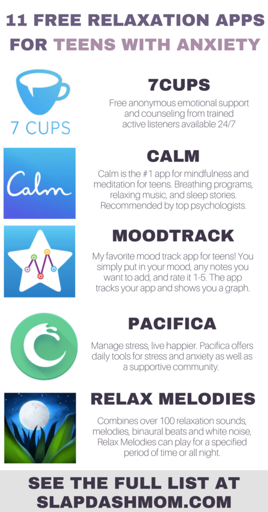 11 free relaxation apps for teens with anxiety, featuring 7 Cups, Moodtrack, Pacifica, and Relax Melodies, with a background of a serene landscape.