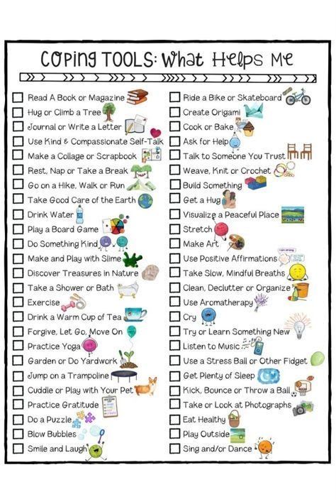 The image is a checklist titled %22Coping Tools: What Helps Me%22 that includes various activities and self-care practices, such as reading, exercising, playing games, and practicing mindfulness.