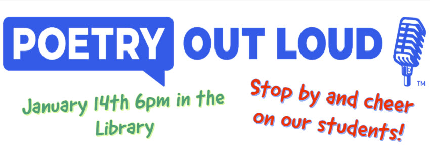 The image displays a poster advertising a "Poetry Out Loud" event, with the text prominently displayed in a blue speech bubble. The background appears to be a plain white or light-colored surface.