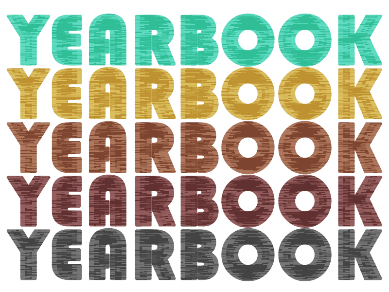 The image features the word "YEARBOOK" repeated multiple times in various shades of green, yellow, and brown against a plain background.