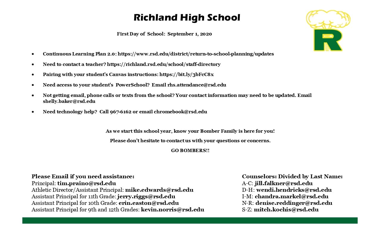 The image appears to be a school announcement or notice from Richland High School, providing information and contact details for students and parents regarding the start of the school year.