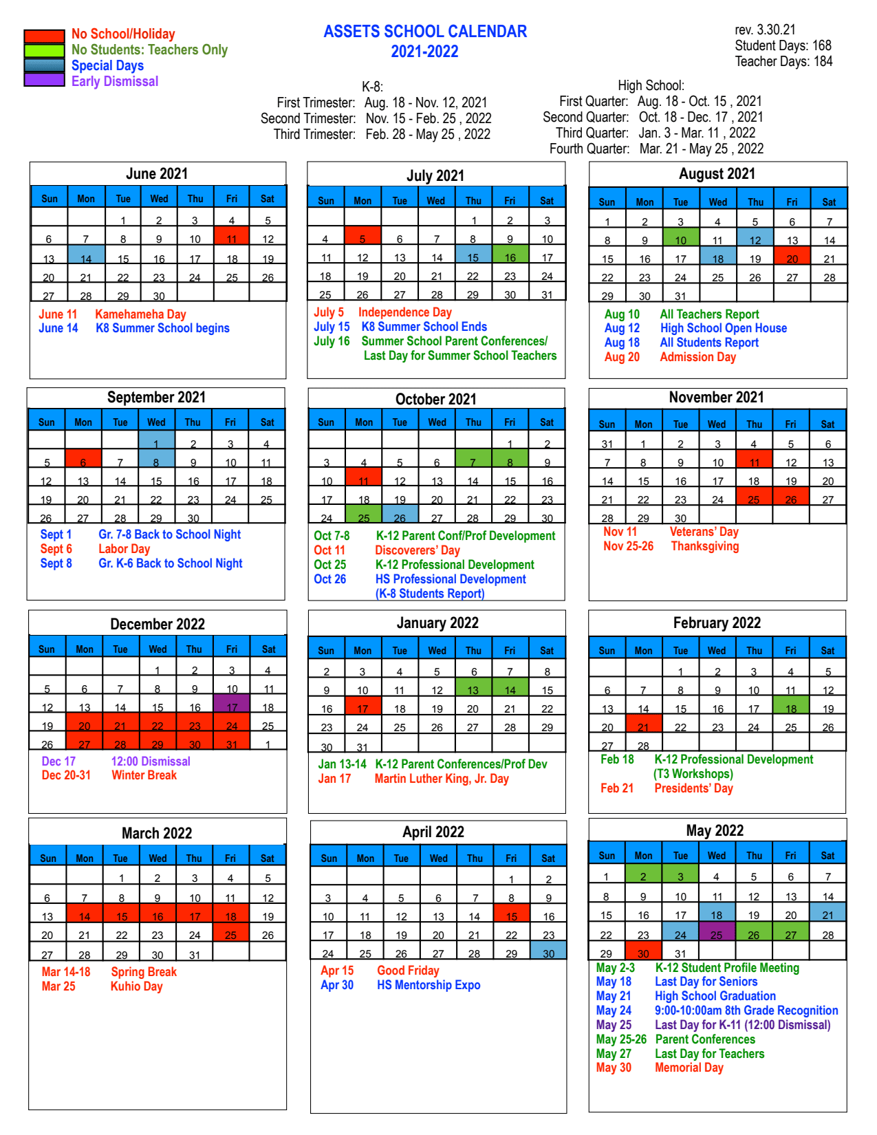 School Calendar - Assets School