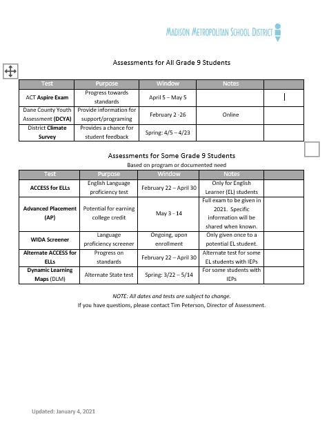 Family Assessment Calendars: All Grades - Madison Metropolitan School District Family Assessment Calendars: All Grades - Madison Metropolitan School District