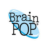 On a white background, the Brain Pop logo features a playful brain character with eyes, symbolizing learning and fun.