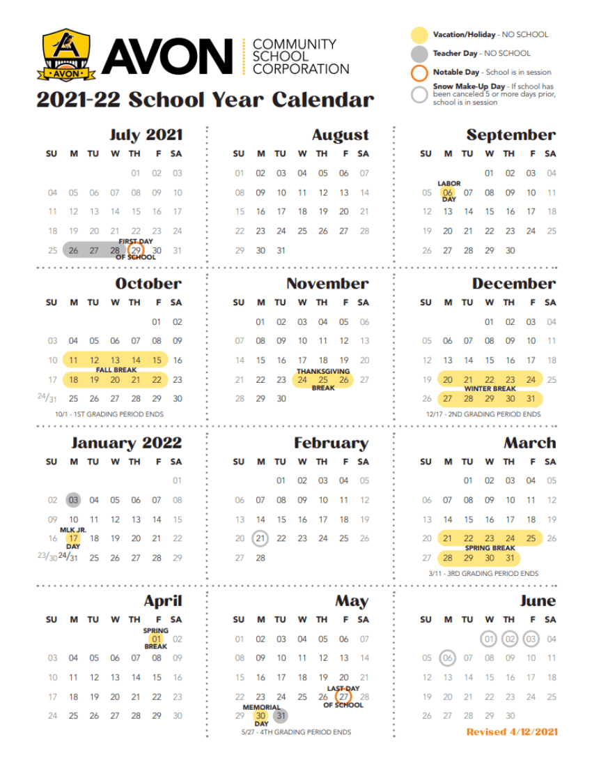 Avon Community School Corporation Calendar 2022 And 2023 PublicHolidays